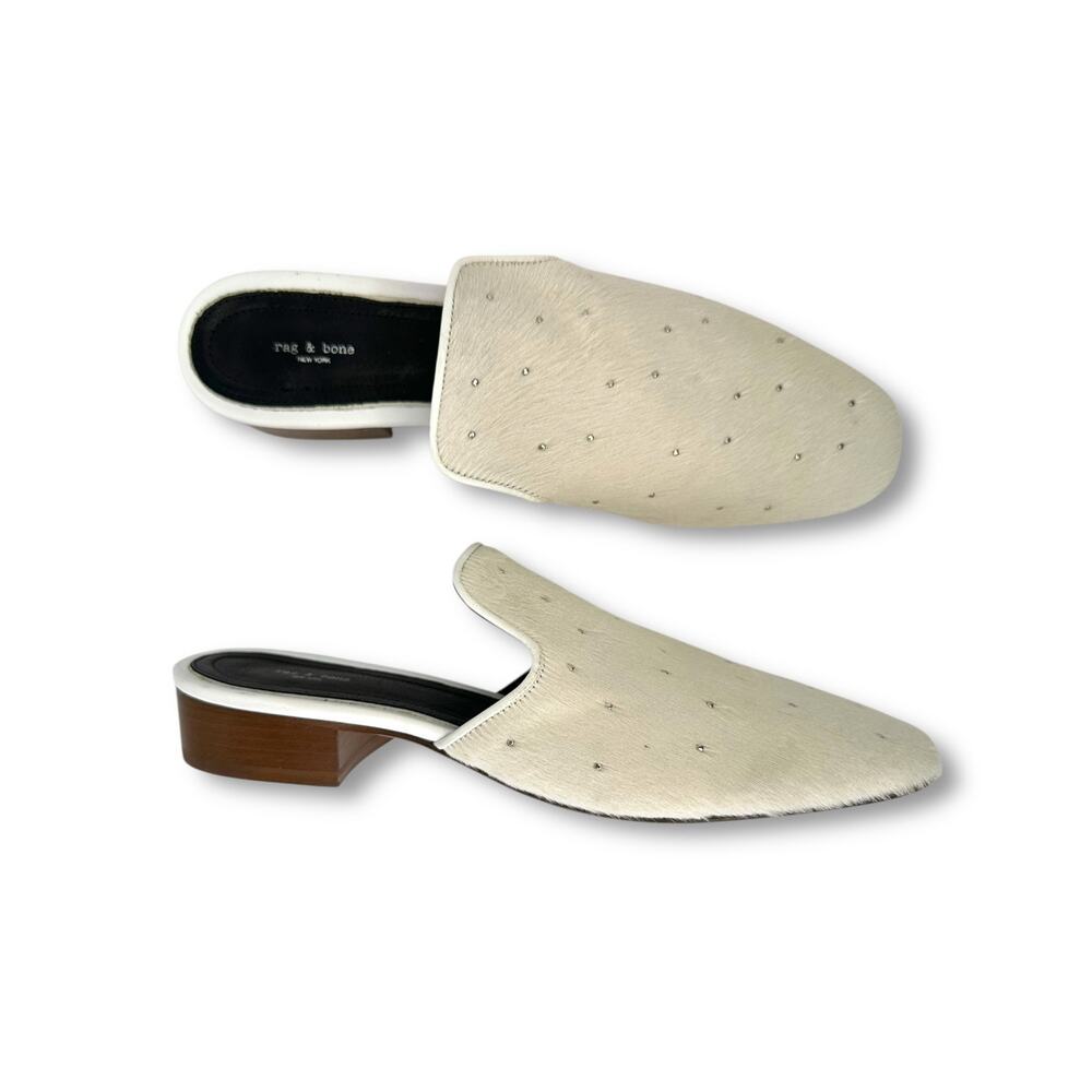 Rag & Bone Luis Studded Calf Hair Loafer Mules EU 41 US 10.5 White Slip-On